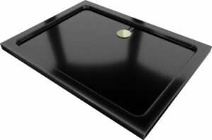 MEXEN/S - Flat sprchová vanička obdĺžniková slim čierna + zlatý sifón 40708010G